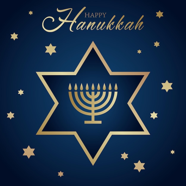 Tarjeta de celebración con texto dorado Feliz Hanukkah, candelabro y estrellas de David para la festividad judía.