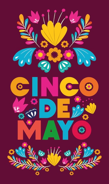 Tarjeta de cinco de mayo con decoración floral.