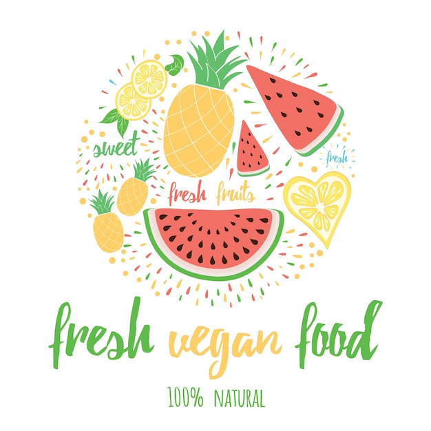 Tarjeta de color de letras dibujadas a mano con texto 39Fresh vegan food39 frutas decoradas forma redonda