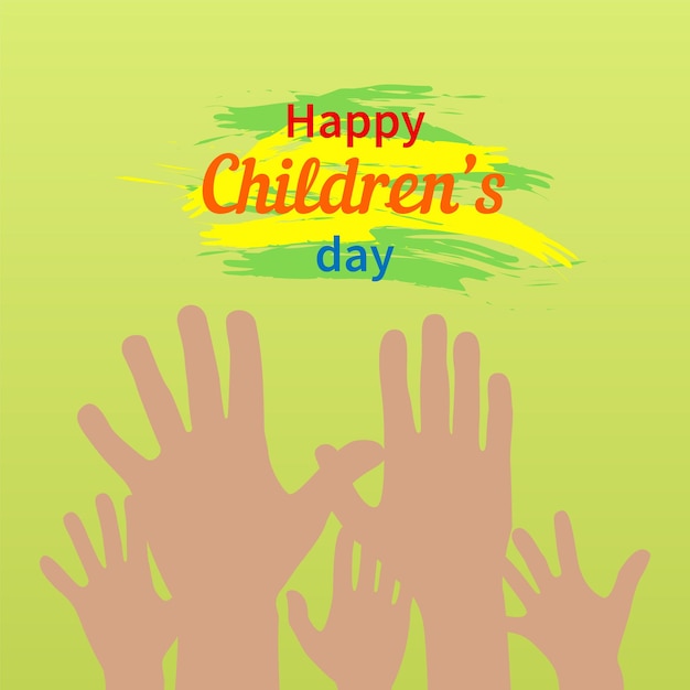 Tarjeta colorida del día del niño feliz con las manos de los niños.