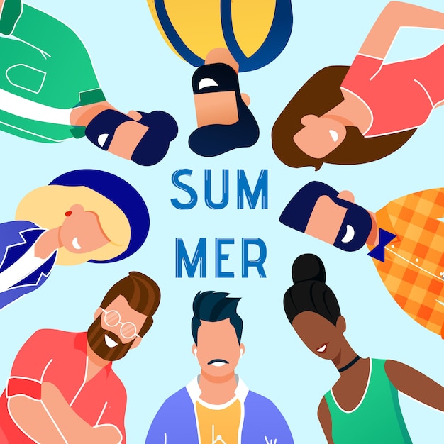 Vector tarjeta colorida verano dibujos animados plana