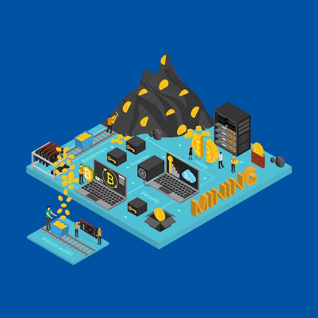 Vector tarjeta de concepto de minería de bitcoin 3d vista isométrica criptomoneda finanzas digitales pago electrónico virtual en un vector azul ilustración de la tecnología de intercambio