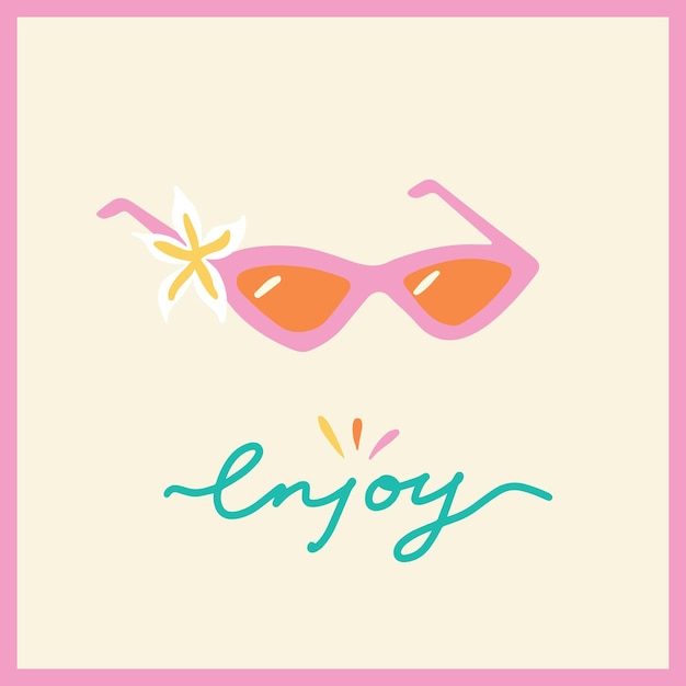 Tarjeta de concepto de verano con gafas de sol y flor Y2k maravilloso diseño de vector vintage Disfrute de las letras