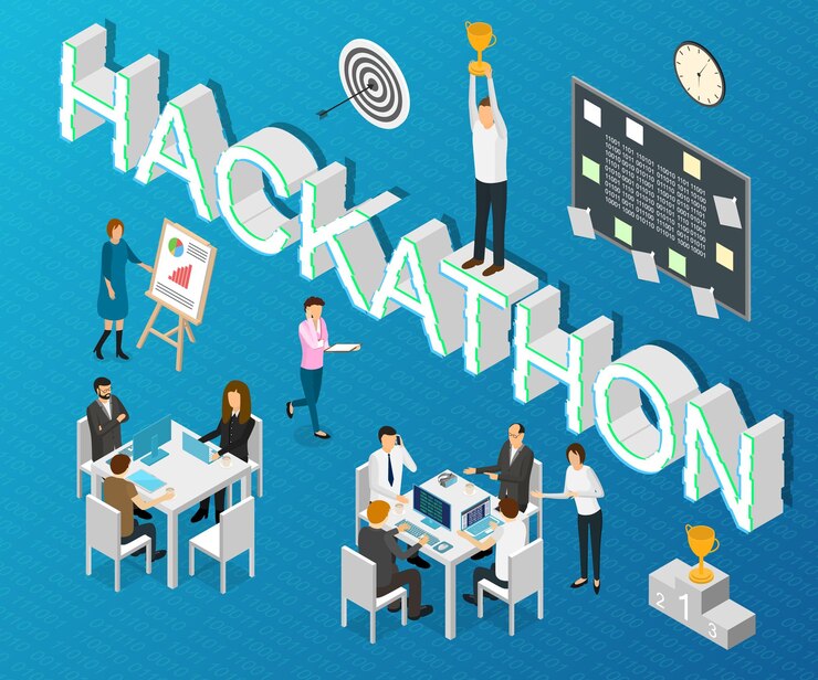 Vector tarjeta conceptual del foro hackathon vector de vista isométrica en 3d
