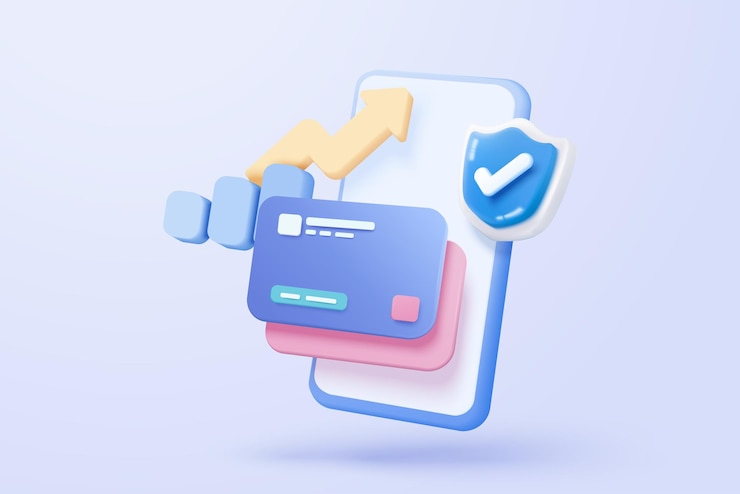 Vector tarjeta de crédito 3d dinero seguridad financiera para compras en línea pago en línea tarjeta de crédito con concepto de protección de pago renderizado vectorial 3d para compras de finanzas comerciales con concepto de seguridad móvil