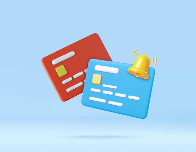 Tarjeta de crédito 3D con icono de notificación de campana concepto de notificaciones de pago en línea dinero seguridad financiera para compras en línea representación 3D ilustración vectorial
