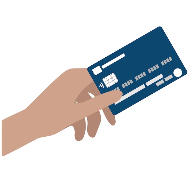 Tarjeta de crédito azul de diseño plano en mano humana aislada en blanco Póngase en contacto con menos pago de pedidos en línea