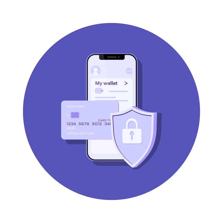 Vector tarjeta de crédito, escudo con candado e ilustración de vector plano de teléfono inteligente para el concepto seguro de billetera