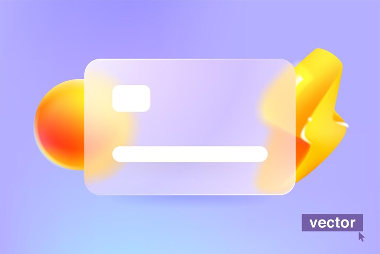Vector tarjeta de crédito glassmorphism con icono de rayo y esfera plástico transparente con efecto de desenfoque