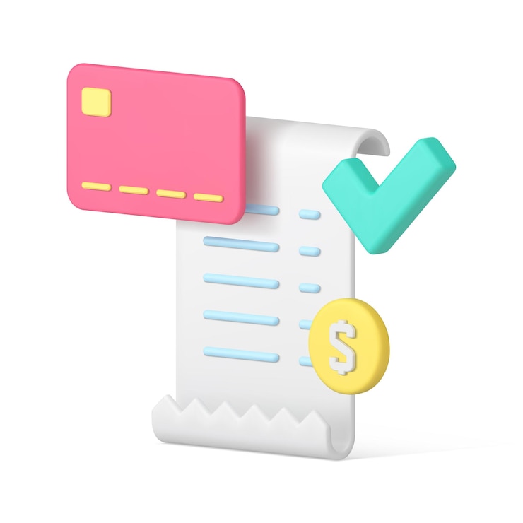 Vector tarjeta de crédito de moneda de documento de pago exitoso realista curvo y vector de plantilla de icono 3d de marca de verificación