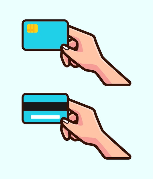Tarjeta de crédito o débito de plástico sostenida con la mano con ilustración vectorial de dibujos animados