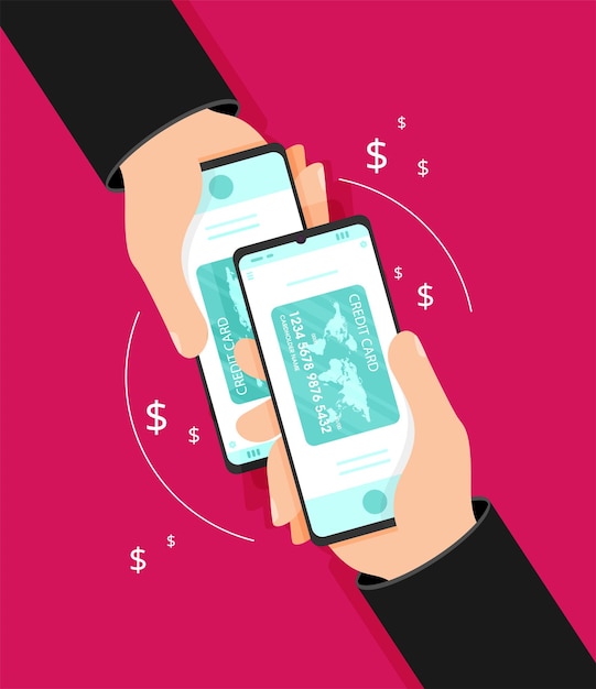 Tarjeta de crédito en el teléfono Pago NFC Transferir dinero Vector ilustración plana