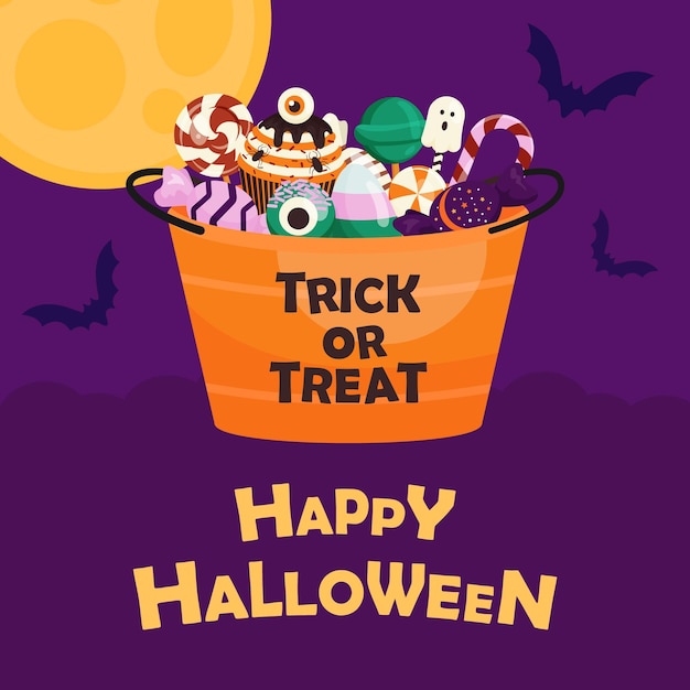 Vector tarjeta cuadrada de feliz halloween con cubo de dulces y la luna en el fondo plantilla de diseño de postal trick or treat para la noche de vacaciones de octubre