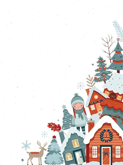Tarjeta cuadrada de invierno Marco navideño con casas escandinavas, árboles, niñas, cartel de adorno de invierno de Año Nuevo