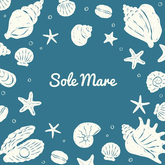 Tarjeta cuadrada náutica con diferentes conchas marinas y tipografía Sole Mare en fondo azul