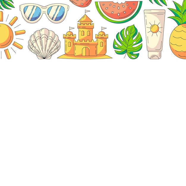 Tarjeta cuadrada de verano con iconos de accesorios de playa Marco de borde superior y espacio de copia aislado en blanco