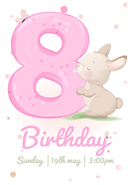 Tarjeta de cumpleaños para 8 años Tarjeta de invitación con conejo lindo Baña de bebé y cumpleaños de niños