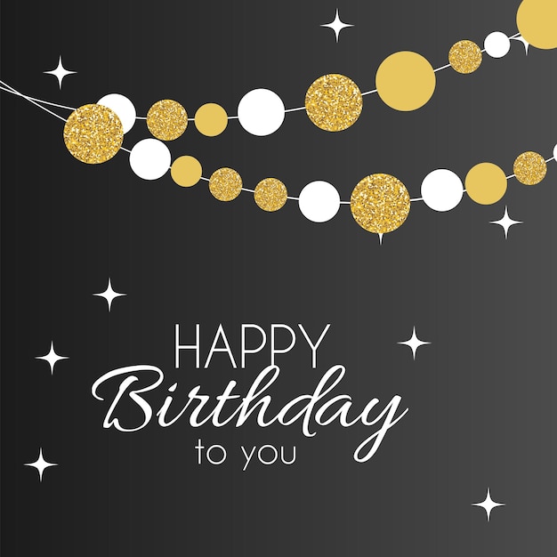 una tarjeta de cumpleaños con brillo dorado y una cuerda con las palabras feliz cumpleaños en ella