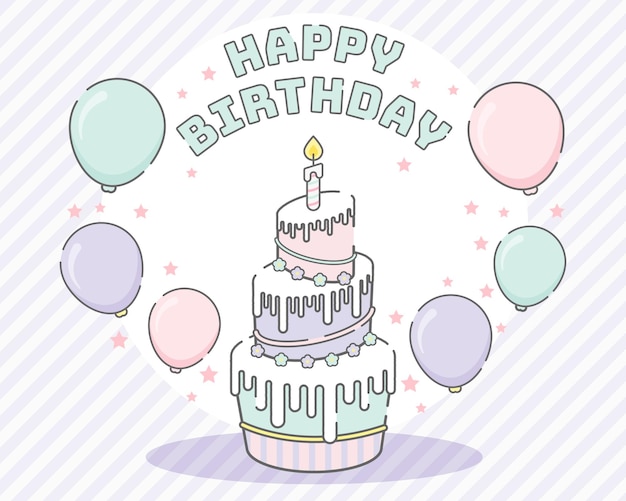 Tarjeta de cumpleaños en colores pastel con globos y tarta Premium