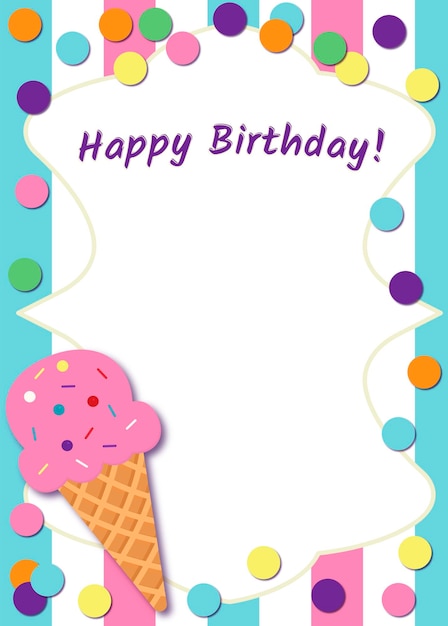 Tarjeta de cumpleaños con confeti de helado y texto feliz cumpleaños