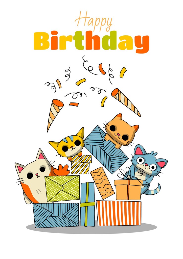 Tarjeta de cumpleaños dibujada a mano con gatos divertidos con gorra de cumpleaños y letras Ilustración vectorial de cumpleaños feliz aislada en fondo blanco Buena para carteles camisetas postales