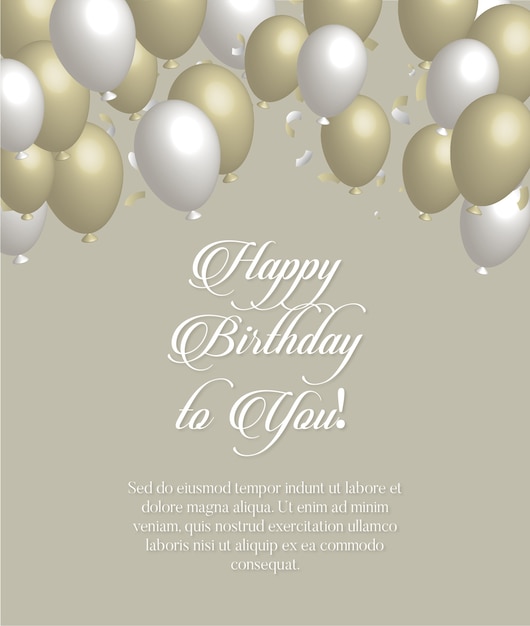 Tarjeta de cumpleaños elegante con globos blancos y dorados