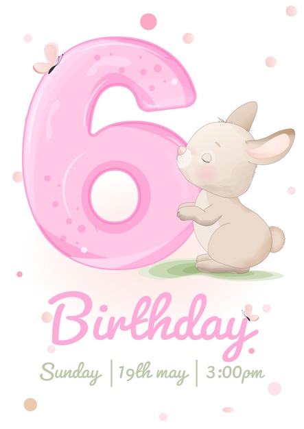 Tarjeta de cumpleaños feliz para 1 año Tarjeta de invitación con conejo lindo Baña de bebé y cumpleaños de niños