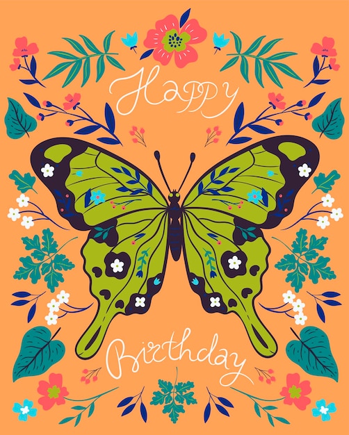 Tarjeta de cumpleaños con flores y mariposas gráficos vectoriales