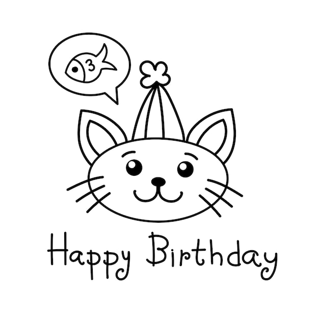 Tarjeta de cumpleaños con un gato un lindo gato sueña con un pez fiesta de cumpleaños de ilustración vectorial