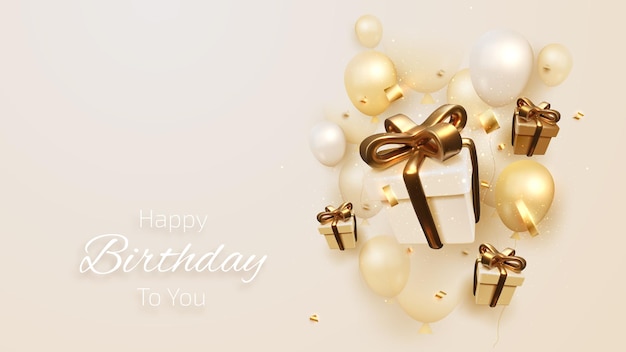 Tarjeta de cumpleaños con globos y cinta de lujo, caja de regalo estilo 3d realista sobre fondo de tono crema. ilustración vectorial para el diseño.