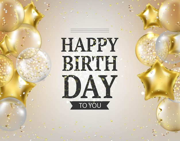 Vector tarjeta de cumpleaños de globos dorados y confeti