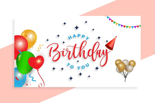 Una tarjeta de cumpleaños con globos y una pancarta que dice feliz cumpleaños