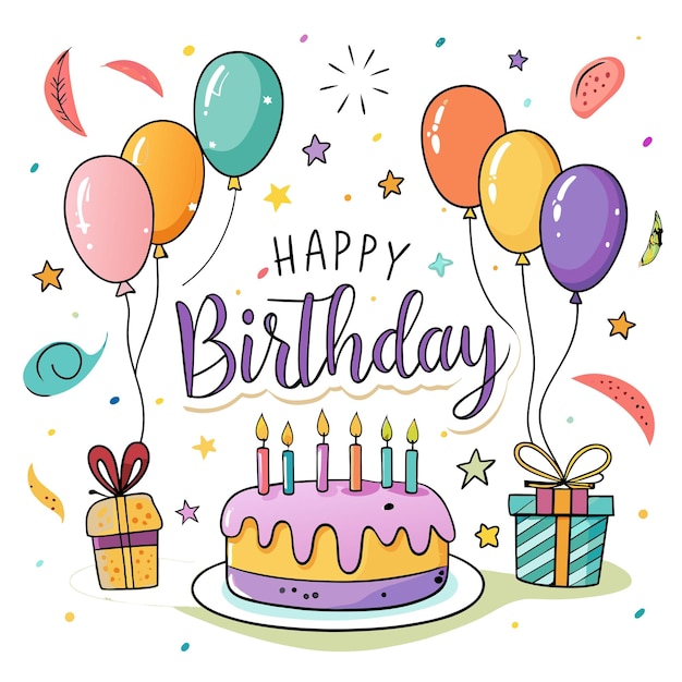 una tarjeta de cumpleaños con globos y un pastel con un regalo de cumpleaño en él