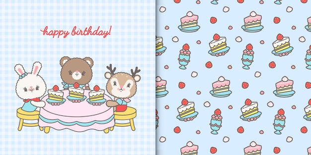 Tarjeta de cumpleaños linda kawaii y patrones sin fisuras