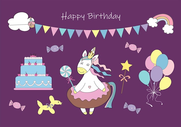 Tarjeta de cumpleaños Linda princesa unicornio pastel dulces y globos Ilustración vectorial Fondo blanco