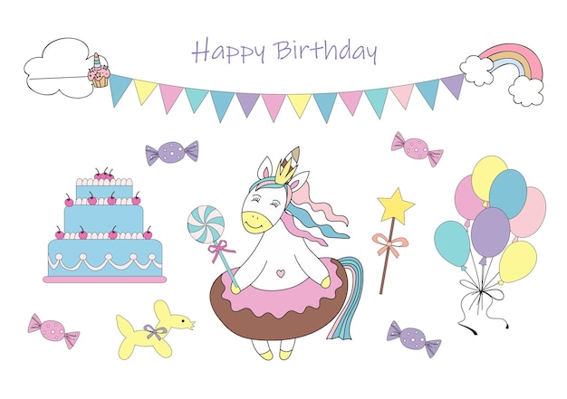 Tarjeta de cumpleaños Linda princesa unicornio pastel dulces y globos Ilustración vectorial Fondo blanco