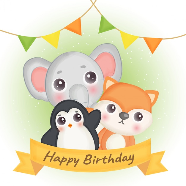 Tarjeta de cumpleaños con lindo zorro, elefante y pingüino.