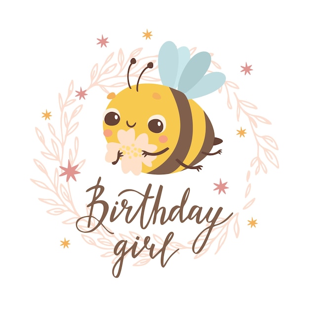 Tarjeta de cumpleaños niña con abeja