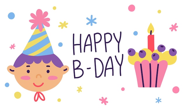 Tarjeta de cumpleaños con un niño con una vela de pastel y confeti en un fondo blanco Una tarjeta de vacaciones