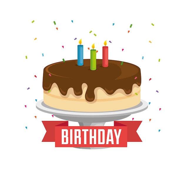 tarjeta de cumpleaños con pastel dulce y marco de cinta