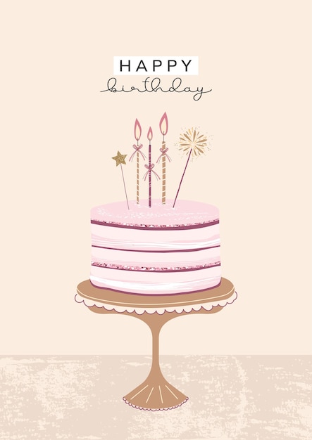 Vector una tarjeta de cumpleaños con un pastel y velas en un estilo retro con plantilla vectorial brillante