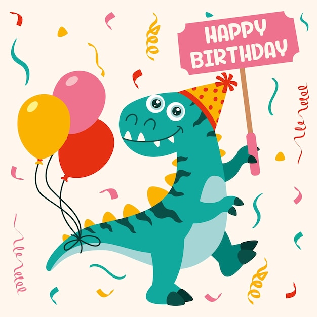 Vector tarjeta de cumpleaños con personaje de dinosaurio