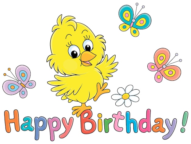 Tarjeta de cumpleaños con un pollito amarillo feliz bailando con pequeñas mariposas de colores