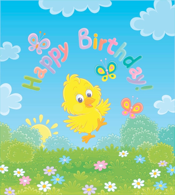 Tarjeta de cumpleaños con un pollito amarillo feliz bailando con pequeñas mariposas