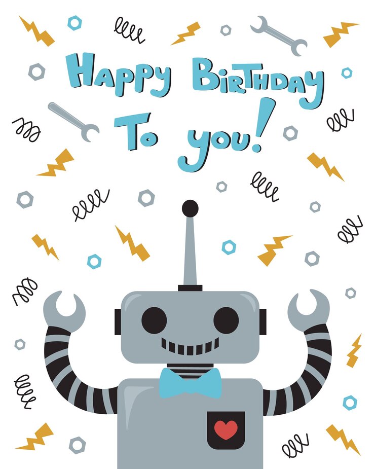 Tarjeta de cumpleaños con un robot amigable para niños Robot alegre en el fondo de nueces de poder y