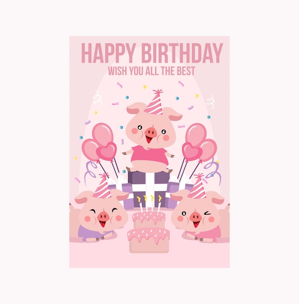 tarjeta de cumpleaños rosada linda del cerdo guarro