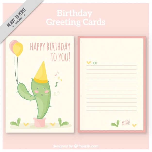 Tarjeta de cumpleaños con simpático cactus dibujado a mano