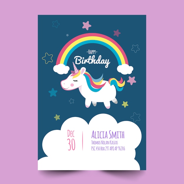 Tarjeta de cumpleaños con unicornio bonito