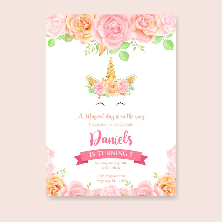 Vector tarjeta de cumpleaños con unicornio y rosa floral.