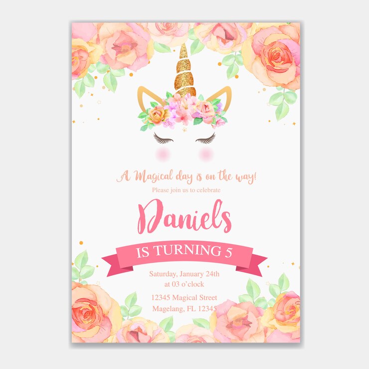 Vector tarjeta de cumpleaños con unicornio y rosa floral.